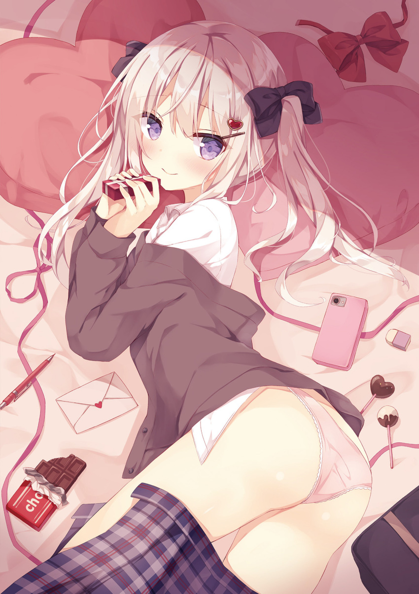 1girl ass bag bangs bed bed_sheet black_bow blush bow box candy cellphone chocolate chocolate_bar closed_mouth collared_shirt dress_shirt envelope eraser eyebrows_visible_through_hair food gift gift_box hair_bow heart heart_pillow highres holding holding_box holding_gift hoshi_(snacherubi) indoors letter long_hair long_sleeves looking_at_viewer love_letter lying non-web_source on_bed on_side original panties partially_undressed phone pillow pink_panties pink_ribbon plaid plaid_skirt platinum_blonde_hair pleated_skirt ribbon school_bag shirt silver_hair skirt smartphone smile solo thighs twintails underwear valentine violet_eyes white_shirt wing_collar