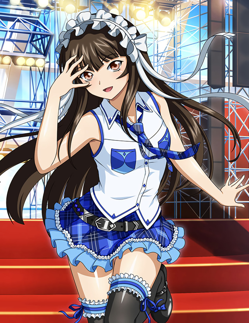 1girl :d bangs black_footwear black_legwear blue_neckwear blue_skirt bow brown_eyes brown_hair collared_shirt dress_shirt eyebrows_visible_through_hair floating_hair garters hair_bow headdress highres idol ikkitousen layered_skirt long_hair looking_at_viewer miniskirt necktie open_mouth plaid plaid_neckwear plaid_skirt shiny shiny_clothes shiny_hair shiny_legwear shiny_skin shirt skirt sleeveless sleeveless_shirt smile solo spotlight standing standing_on_one_leg ten'i_(ikkitousen) thigh-highs very_long_hair white_bow white_shirt wing_collar