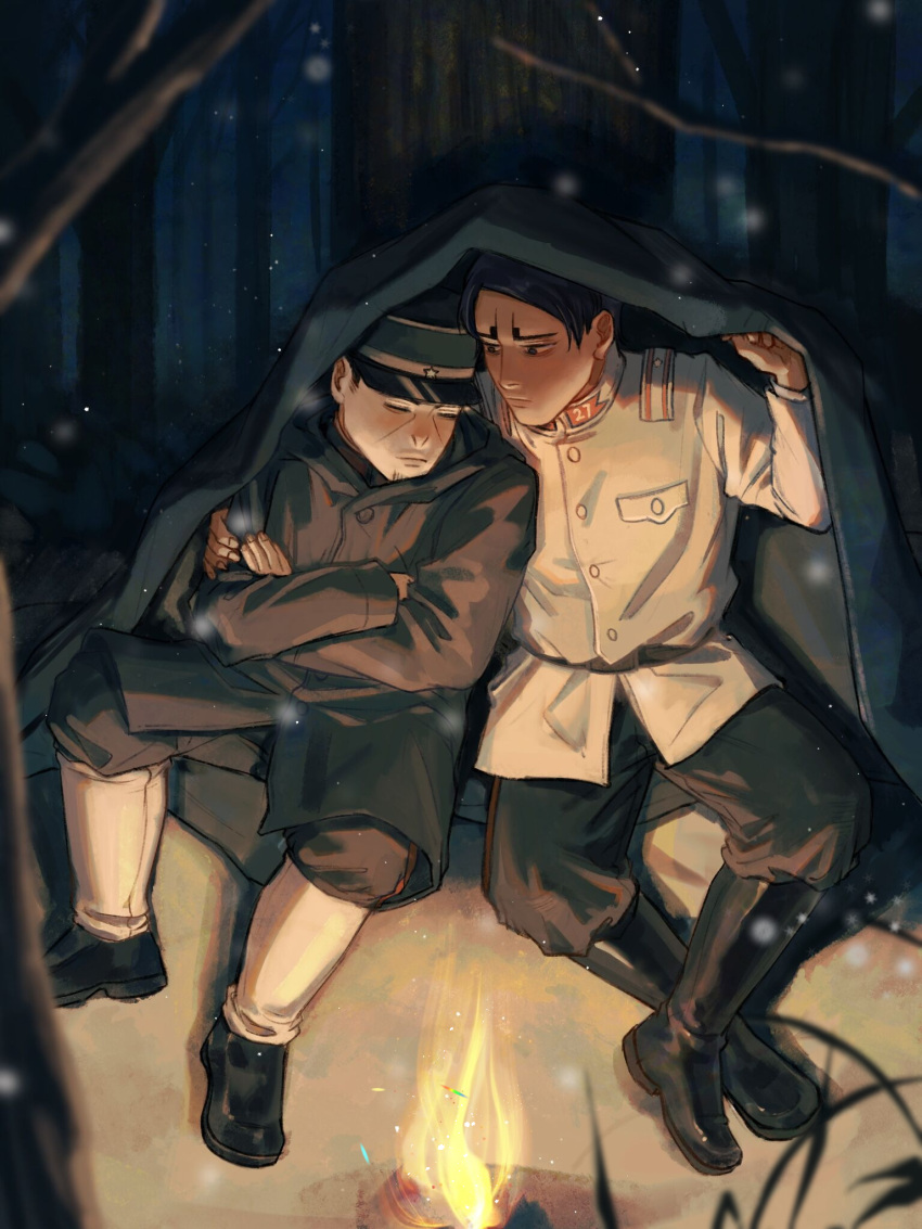 2boys arm_around_shoulder black_footwear black_hair coat crossed_arms dark_skin dark_skinned_male facial_hair fire forest golden_kamuy hat highres kepi koito_otonoshin long_sleeves male_focus military military_hat military_uniform multiple_boys nature night outdoors sleeping snowing stubble thick_eyebrows tsukishima_hajime uniform zhege_qiongsi_bu_tai_leng