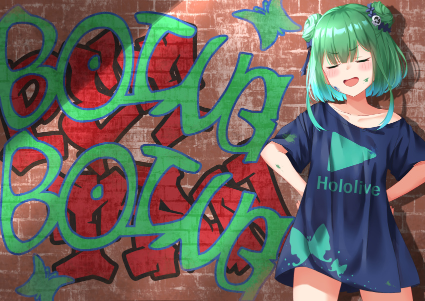 1girl absurdres alternate_costume arms_behind_back bangs blush brick_wall closed_eyes cowboy_shot double_bun facing_viewer flat_chest graffiti green_hair hair_ornament hair_ribbon highres hololive huge_filesize logo nail_polish ribbon shirt short_hair sidelocks skull_hair_ornament solo starkamisan t-shirt uruha_rushia virtual_youtuber