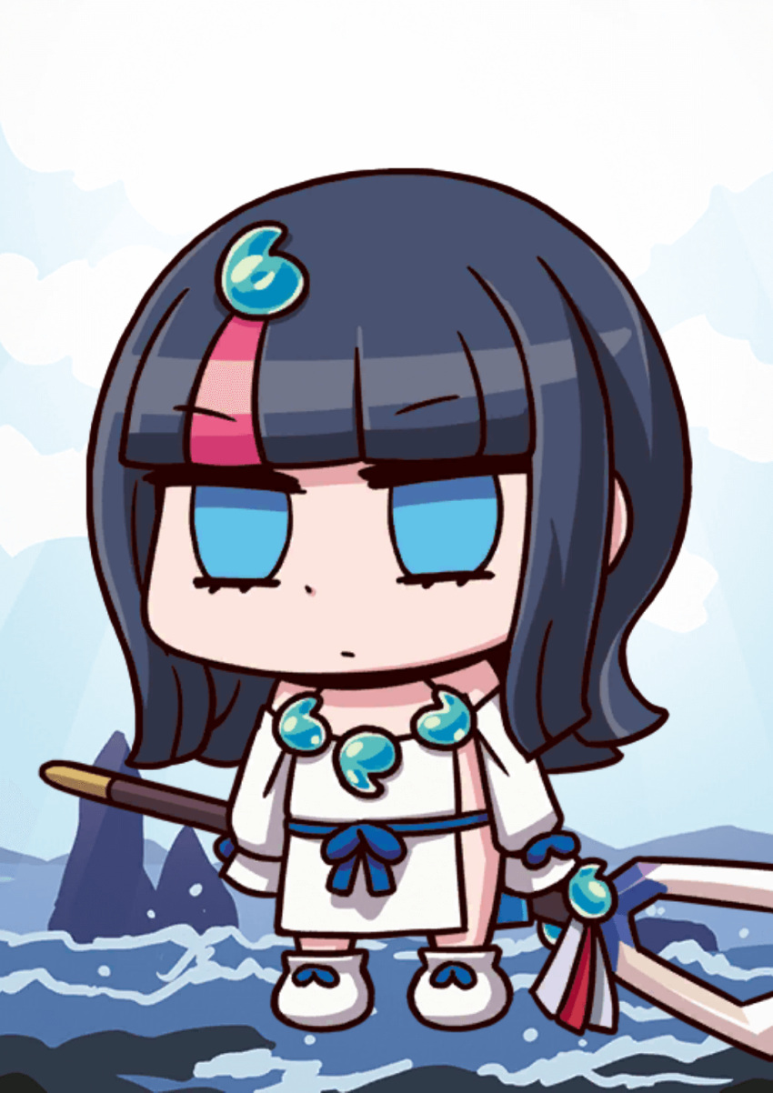 1girl april_fools bangs black_hair blue_eyes chibi clouds detached_sleeves eyebrows_visible_through_hair fate/grand_order fate/requiem fate_(series) highres holding holding_spear holding_weapon long_hair long_sleeves magatama_hair_ornament multicolored_hair official_art pink_hair polearm riyo_(lyomsnpmp) sideless_outfit sleeves_past_wrists solo spear utsumi_erise water weapon