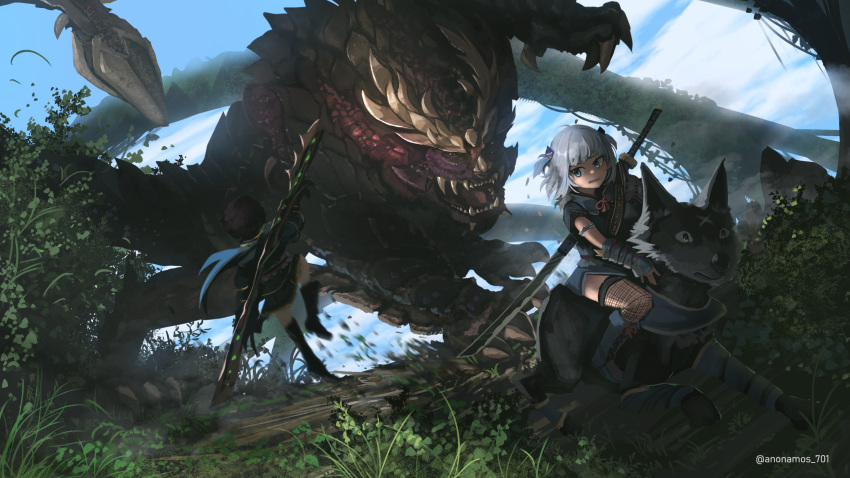afro anonamos armor artist_name black_hair blue_eyes blue_hair crossover double-blade english_commentary gawr_gura highres hololive hololive_english katana lance looking_back monster monster_hunter_(series) monster_hunter_rise multicolored_hair ninomae_ina'nis open_mouth polearm running sharp_teeth silver_hair streaked_hair sword teeth two_side_up weapon weapon_on_back wolf yellow_eyes