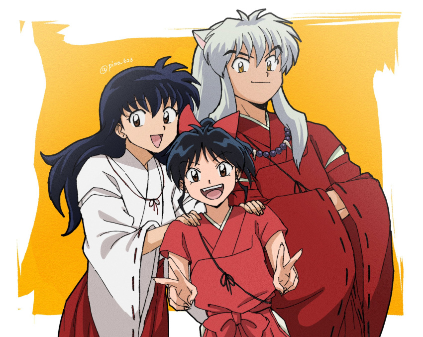 1boy 2girls animal_ears bead_necklace beads black_hair blush bow dog_ears double_v family father_and_daughter hair_bow han'you_no_yashahime hands_in_opposite_sleeves hands_on_another's_shoulders highres higurashi_kagome inuyasha inuyasha_(character) japanese_clothes jewelry kimono long_hair looking_at_viewer miko moroha mother_and_daughter multiple_girls necklace pinoko_(pnk623) ponytail school_uniform smile twitter_username v white_hair yellow_eyes