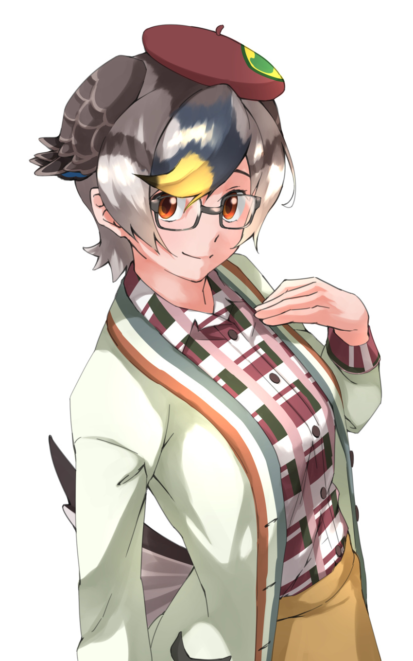1girl absurdres alternate_costume arm_at_side bangs bespectacled bird_tail bird_wings black_hair blonde_hair brown_eyes buttons closed_mouth collared_shirt contemporary glasses grey_hair hand_up hat head_wings highres jacket kemono_friends long_sleeves looking_at_viewer multicolored_hair open_clothes open_jacket plaid plaid_shirt pocket shirt sidelocks simple_background skirt smile solo spot-billed_duck_(kemono_friends) swept_bangs tail tanabe_(fueisei) unbuttoned upper_body white_background white_hair wing_collar wings