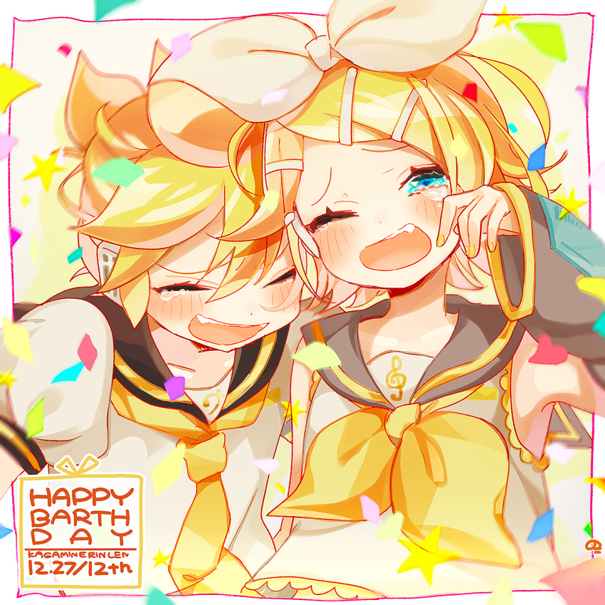 1boy 1girl anniversary aqua_eyes ascot bangs bare_shoulders bass_clef blonde_hair blush bow brother_and_sister closed_eyes confetti detached_sleeves fang hair_bow hair_ornament hairclip happy happy_birthday headphones headset heart highres kagamine_len kagamine_rin laughing necktie nokodaru_marin one_eye_closed open_mouth sailor_collar shirt short_sleeves siblings sleeveless sleeveless_shirt star_(symbol) swept_bangs tearing_up treble_clef twins vocaloid white_background yellow_nails yellow_neckwear