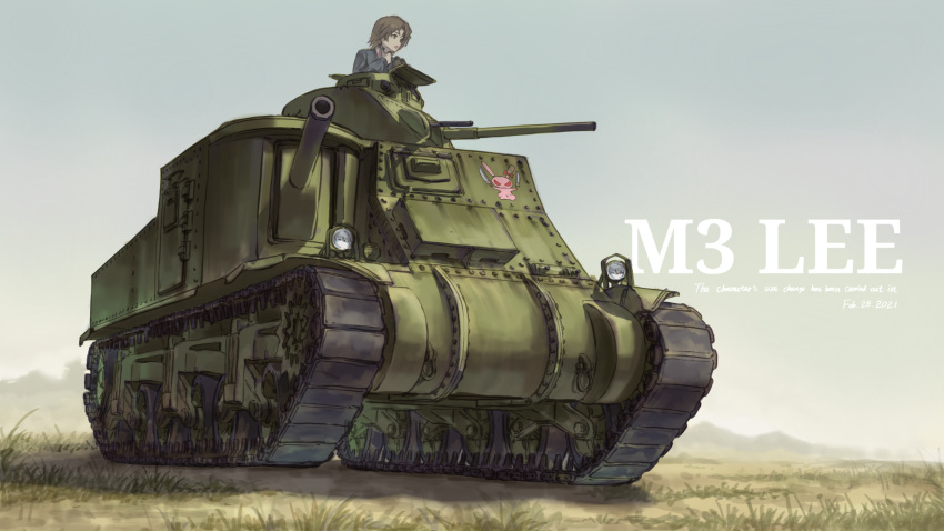 1girl absurdres binoculars brown_eyes brown_hair caterpillar_tracks commentary_request dated day emblem english_commentary girls_und_panzer grass ground_vehicle highres hill m3_lee military military_vehicle motor_vehicle ooarai_military_uniform outdoors revision sawa_azusa short_hair sky solo tank useless