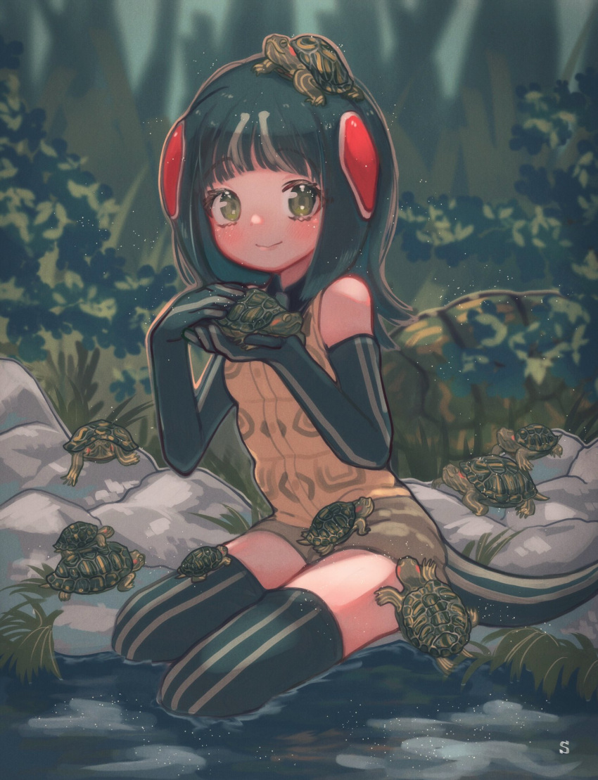 1girl animal bare_shoulders beige_shorts commentary_request elbow_gloves eyebrows_visible_through_hair gloves green_eyes green_gloves green_hair green_legwear highres holding holding_animal kemono_friends kemono_friends_3 multicolored_hair red-eared_slider_(kemono_friends) redhead shimazoenohibi shirt short_hair shorts sleeveless solo thigh-highs turtle turtle_shell yellow_shirt