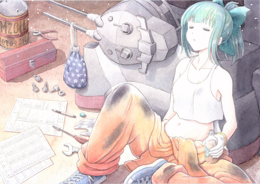 bolt bottle bottle_cap cannon closed_eyes collarbone crop_top grey_hair holding holding_bottle kantai_collection long_hair mechanical_pencil midriff navel nijiboushi nut_(hardware) orange_jumpsuit paper pencil pliers ponytail rigging screw screwdriver shoes sitting sleeping sleeping_upright sneakers tank_top toolbox tools traditional_media turret water_bottle watercolor_(medium) white_tank_top wrench yuubari_(kancolle)