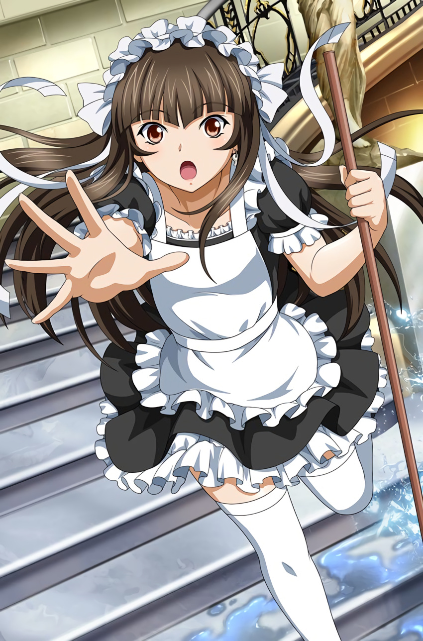 1girl :o apron bangs black_shirt black_skirt blunt_bangs brown_eyes brown_hair collarbone eyebrows_visible_through_hair falling floating_hair frilled_sleeves frills headdress highres holding ikkitousen indoors layered_skirt leg_up long_hair looking_at_viewer miniskirt open_mouth outstretched_arm outstretched_hand reaching_out shiny shiny_hair shirt short_sleeves skirt slipping solo stairs ten'i_(ikkitousen) thigh-highs very_long_hair white_apron white_legwear zettai_ryouiki