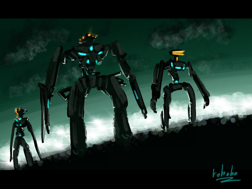 bottoms1237 clouds glowing glowing_eyes highres leaning_back looking_up mecha no_humans open_hands original science_fiction silhouette sky visor