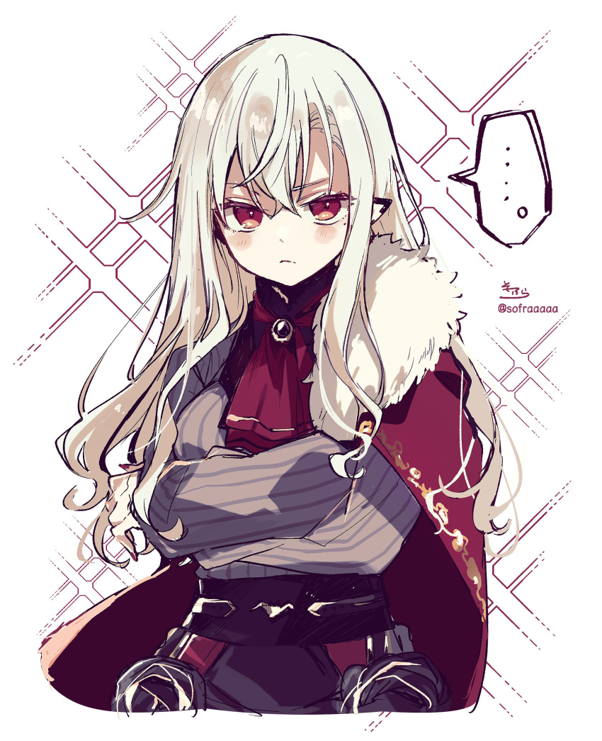 ... 1girl absurdres ascot bangs black_skirt blush breasts brooch cape closed_mouth commentary eyebrows_behind_hair fur-trimmed_cape fur_trim genderswap genderswap_(mtf) grey_shirt hair_between_eyes highres jewelry kuzuha_(nijisanji) long_hair looking_at_viewer medium_breasts nijisanji pointy_ears red_cape red_eyes red_neckwear shirt signature silver_hair simple_background skirt sofra solo sparkle_background spoken_ellipsis striped striped_shirt twitter_username vertical-striped_shirt vertical_stripes very_long_hair virtual_youtuber white_background