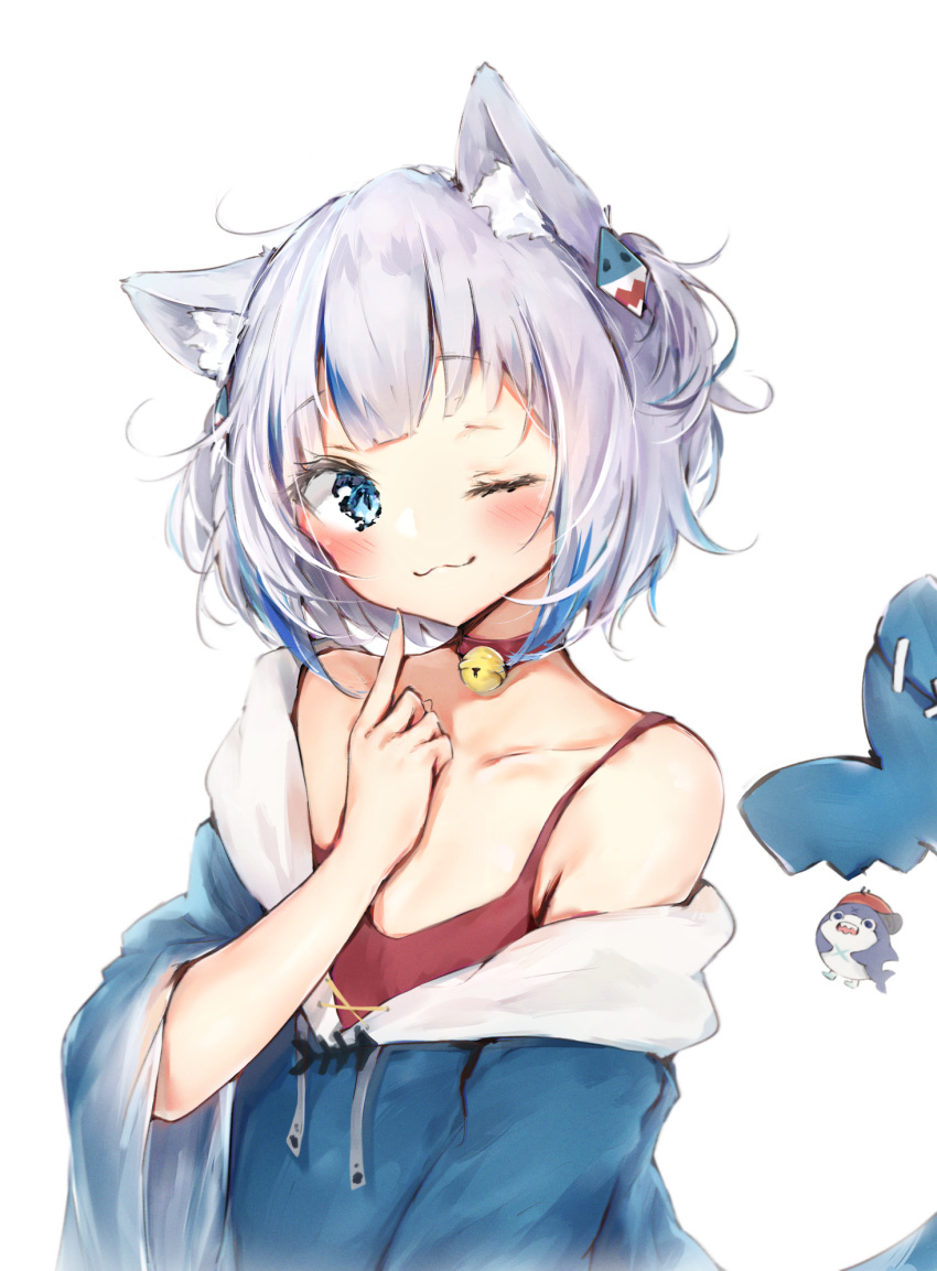1girl ;3 animal_ear_fluff animal_ears bangs bell bloop_(gawr_gura) blue_eyes blue_hair blue_hoodie blush cat_ears closed_mouth collarbone eyebrows_visible_through_hair finger_to_cheek fish_tail gawr_gura highres hololive hololive_english hood hood_down hoodie index_finger_raised jingle_bell kemonomimi_mode long_sleeves looking_at_viewer multicolored_hair off_shoulder one_eye_closed seboneko shark_tail short_hair silver_hair simple_background single_bare_shoulder streaked_hair tail upper_body virtual_youtuber white_background wide_sleeves