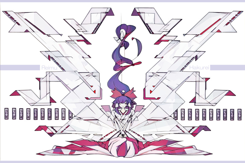 1girl absurdres bow character_name cubism detached_sleeves dress floating_hair geometric_pattern hair_bow hair_over_one_eye hair_tubes hakurei_reimu harano_kaguyama highres japanese_clothes long_dress long_hair looking_at_viewer miko ofuda purple_hair red_bow ribbon-trimmed_sleeves ribbon_trim smile touhou very_long_hair very_long_sleeves white_background wide_sleeves