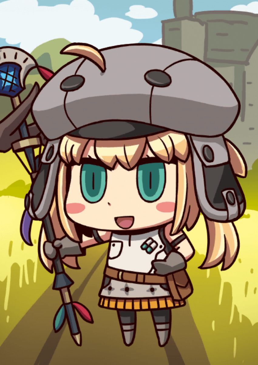 1girl ahoge april_fools artoria_pendragon_(all) artoria_pendragon_(caster)_(fate) belt blonde_hair blush_stickers brown_gloves chibi clouds fate/grand_order fate_(series) gloves green_eyes hat highres holding holding_staff official_art open_mouth riyo_(lyomsnpmp) smile solo staff