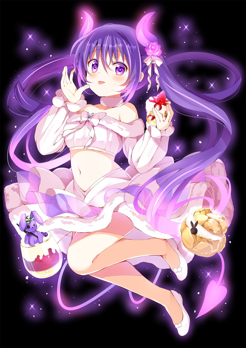 1girl april_fools armpit_crease armpit_peek bangs bare_legs bare_shoulders black_background blush bow bread breasts caught demon_girl demon_horns demon_tail dessert eyebrows_visible_through_hair eyepatch fang floating floating_object food food_on_finger fruit fur_choker fur_trim glowing glowing_horns gochuumon_wa_usagi_desu_ka? highres horn_ornament horns koi_(koisan) long_hair looking_at_viewer medium_breasts midriff multicolored_hair navel no_legwear pink_hair pink_horns pink_tail purple_hair purple_horns purple_tail purple_theme rabbit simple_background slippers solo sparkle strawberry streaked_hair stuffed_animal stuffed_toy tail tedeza_rize tongue tongue_out twintails violet_eyes white_bow white_footwear