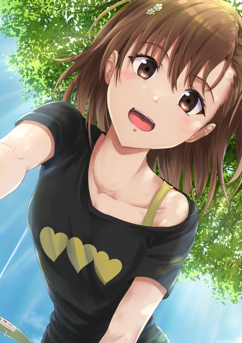 1girl :d aircraft bangs black_shirt blue_sky bra_strap brown_eyes brown_hair collarbone commentary crawling dirigible dutch_angle flower foreshortening from_below hair_between_eyes hair_flower hair_ornament hairclip heart highres k3rd light_blush light_rays looking_at_viewer misaka_mikoto off_shoulder open_mouth pov shirt sky smile solo sunbeam sunlight t-shirt toaru_kagaku_no_railgun toaru_majutsu_no_index tree tree_branch white_flower