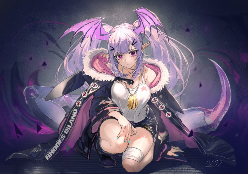 1girl arknights bangs bat_wings chain_necklace hair_ornament hairclip hood hooded_jacket jacket looking_at_viewer manticore_(arknights) pointy_ears purple_hair ryuuzaki_ichi shorts tail twintails violet_eyes wings