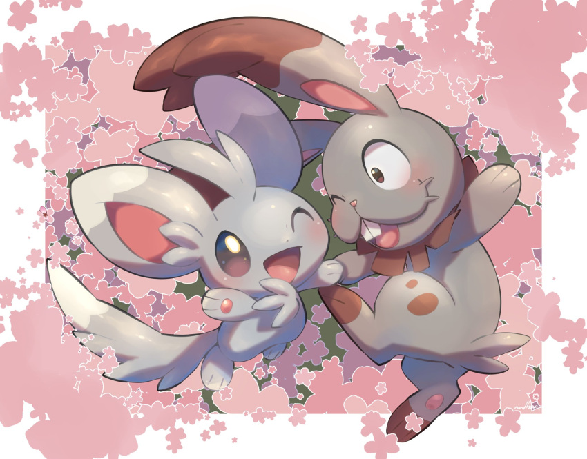 ;d blush brown_eyes bunnelby commentary_request eye_contact gen_5_pokemon gen_6_pokemon happy highres looking_at_another minccino nullma one_eye_closed open_mouth paws pokemon pokemon_(creature) shiny smile toes tongue