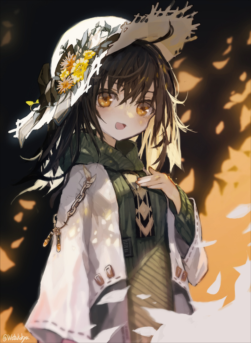 1girl :d absurdres bangs black_hair blush brown_eyes chain commentary_request flower green_hoodie hair_between_eyes hat hat_flower highres hood hood_down hoodie jacket long_hair long_sleeves looking_at_viewer open_clothes open_jacket open_mouth orange_flower original scyze smile solo straw_hat twitter_username white_headwear white_jacket wide_sleeves yellow_flower