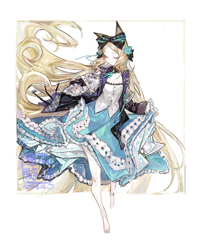 1girl animal_ears arknights bangs bare_legs barefoot black_bow black_jacket blonde_hair blue_nails blue_skirt bow cat_ears closed_eyes curly_hair detached_collar floating_hair framed frilled_skirt frilled_sleeves frills full_body hair_bow highres iris_(arknights) jacket layered_skirt long_hair long_skirt nail_polish open_clothes open_jacket outside_border parted_bangs pipidan skirt skirt_hold solo very_long_hair vest white_background white_vest