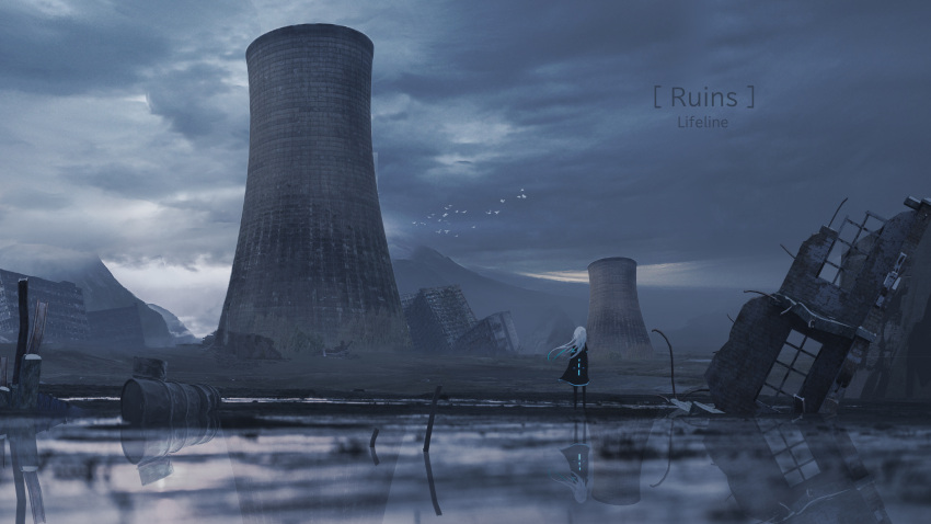 1girl absurdres animal bird clouds cloudy_sky commentary_request facing_away floating_hair from_behind highres huge_filesize lifeline_(a384079959) long_hair mountain mountainous_horizon nuclear_powerplant nuclear_reactor original outdoors reflection ruins scenery sky solo standing white_hair