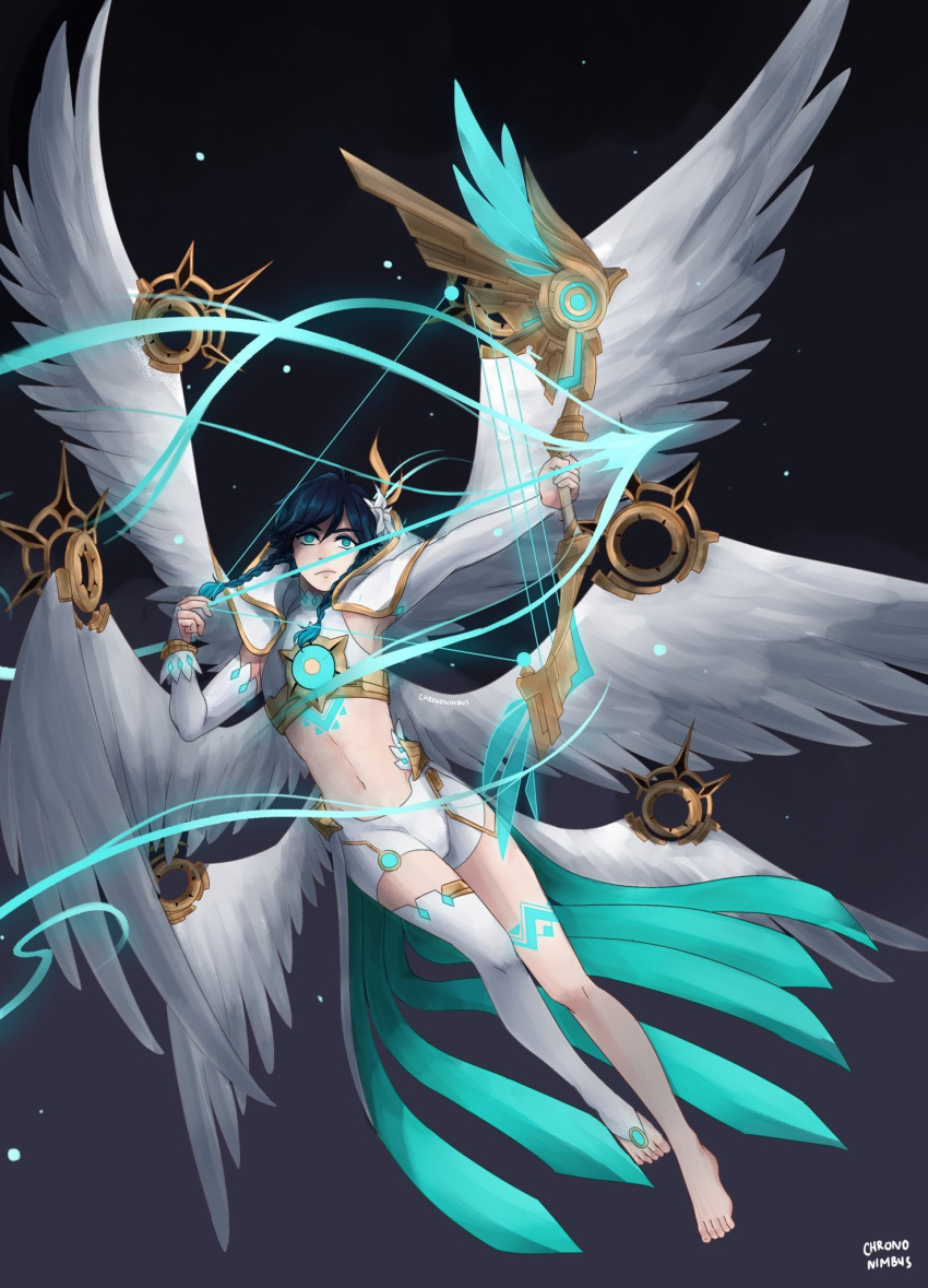 1boy alternate_costume androgynous arrow_(projectile) bangs barefoot black_hair blue_hair bow_(weapon) braid capelet chest_tattoo chrononimbus closed_mouth crop_top detached_sleeves english_commentary eyebrows_visible_through_hair feathered_wings flower genshin_impact gradient_hair green_eyes hair_flower hair_ornament highres holding holding_bow_(weapon) holding_weapon hood hood_down hooded_capelet leg_tattoo long_sleeves male_focus midriff multicolored_hair multiple_wings navel short_hair_with_long_locks shorts simple_background single_thighhigh solo tattoo thigh-highs twin_braids venti_(genshin_impact) weapon white_flower white_shorts wings