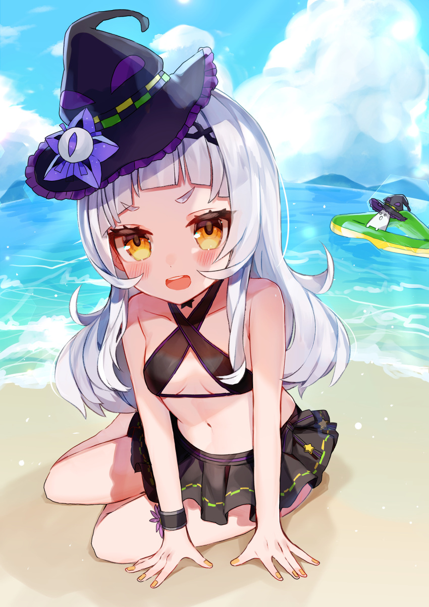 1girl absurdres bangs beach bikini bikini_skirt black_headwear blush bracelet breasts clouds collarbone day flat_chest hairband hat highres hololive jewelry long_hair looking_at_viewer midriff murasaki_shion nail_polish navel noi_mine ocean open_mouth outdoors shore short_eyebrows silver_hair sitting sky small_breasts smile solo swimsuit swimwear tilted_headwear upper_teeth virtual_youtuber water witch_hat yellow_eyes