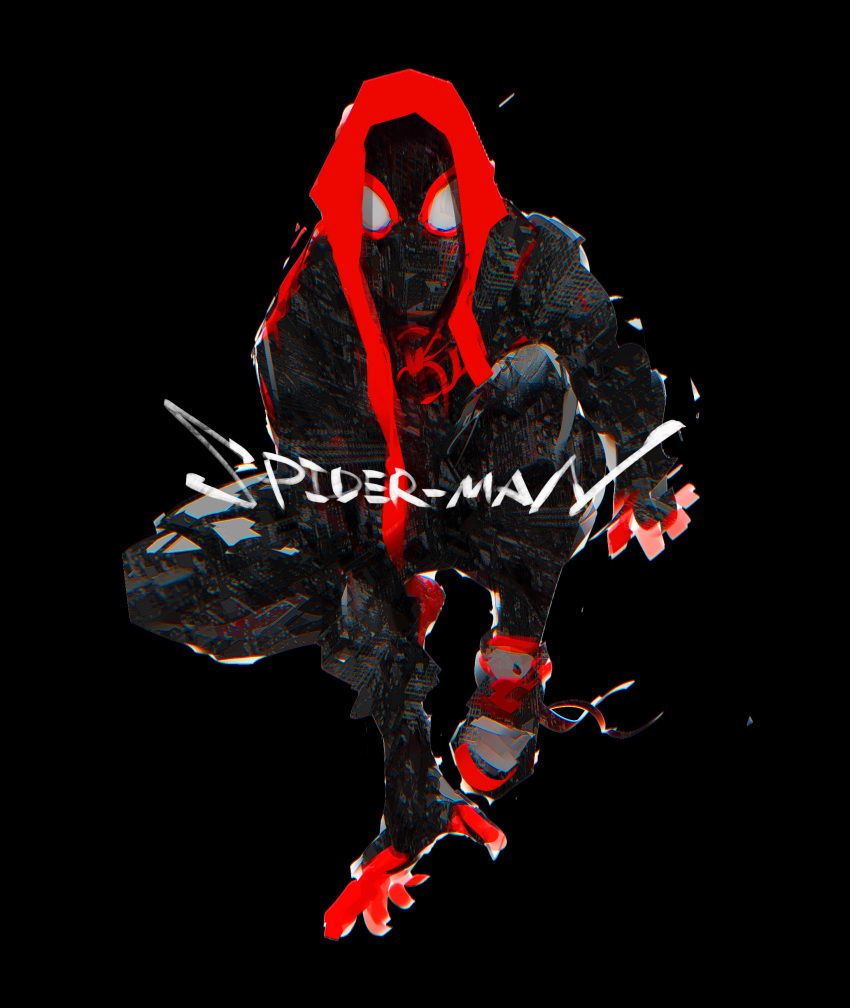 1boy absurdres black_background faux_traditional_media highres hironakata hood hood_up hoodie jumping male_focus marvel miles_morales papercraft_(medium) red_hoodie shoes sneakers solo spider-man:_into_the_spider-verse spider-man_(miles_morales) spider-man_(series) unconventional_media