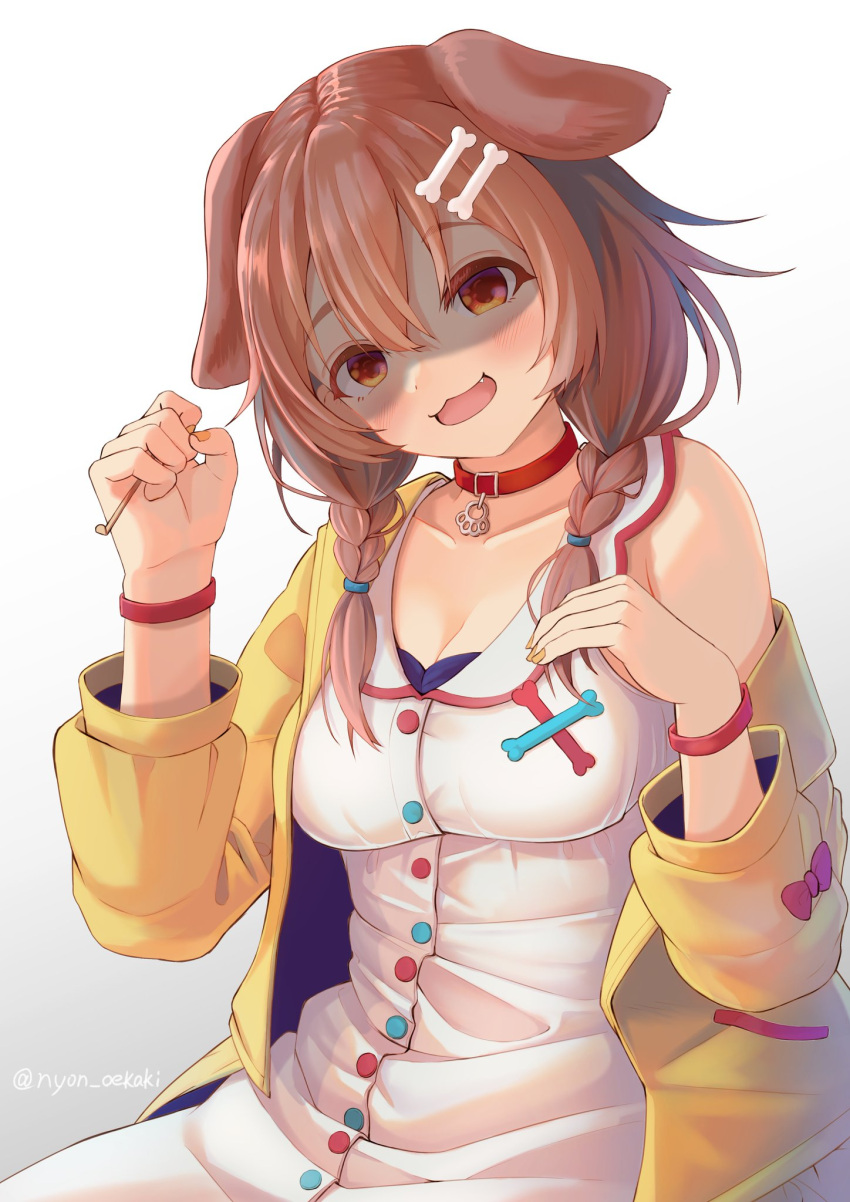 1girl :3 :d animal_collar animal_ears bangs blush bone_hair_ornament bracelet braid brown_eyes brown_hair buttons collar dog_ears dress empty_eyes evil_smile fang hair_between_eyes hair_ornament hairclip hand_on_own_chest highres hololive inugami_korone jacket jewelry long_hair looking_at_viewer low_twin_braids low_twintails mimikaki nail_polish nyoon off_shoulder open_mouth red_collar shaded_face sitting smile solo twin_braids twintails virtual_youtuber white_dress yellow_jacket yellow_neckwear