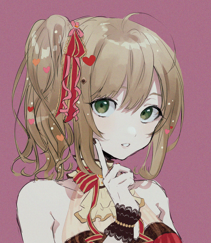 1girl ahoge bangs bare_shoulders brown_hair choker collarbone dress finger_to_cheek frilled_choker frills green_eyes hair_ornament hair_ribbon heart heart_hair_ornament highres idolmaster idolmaster_cinderella_girls idolmaster_cinderella_girls_starlight_stage ktym_777 lace-trimmed_cuffs lace-trimmed_dress lace_trim looking_at_viewer looking_to_the_side nail_polish off-shoulder_dress off_shoulder pink_background portrait ribbon satou_shin side_ponytail simple_background solo wavy_hair