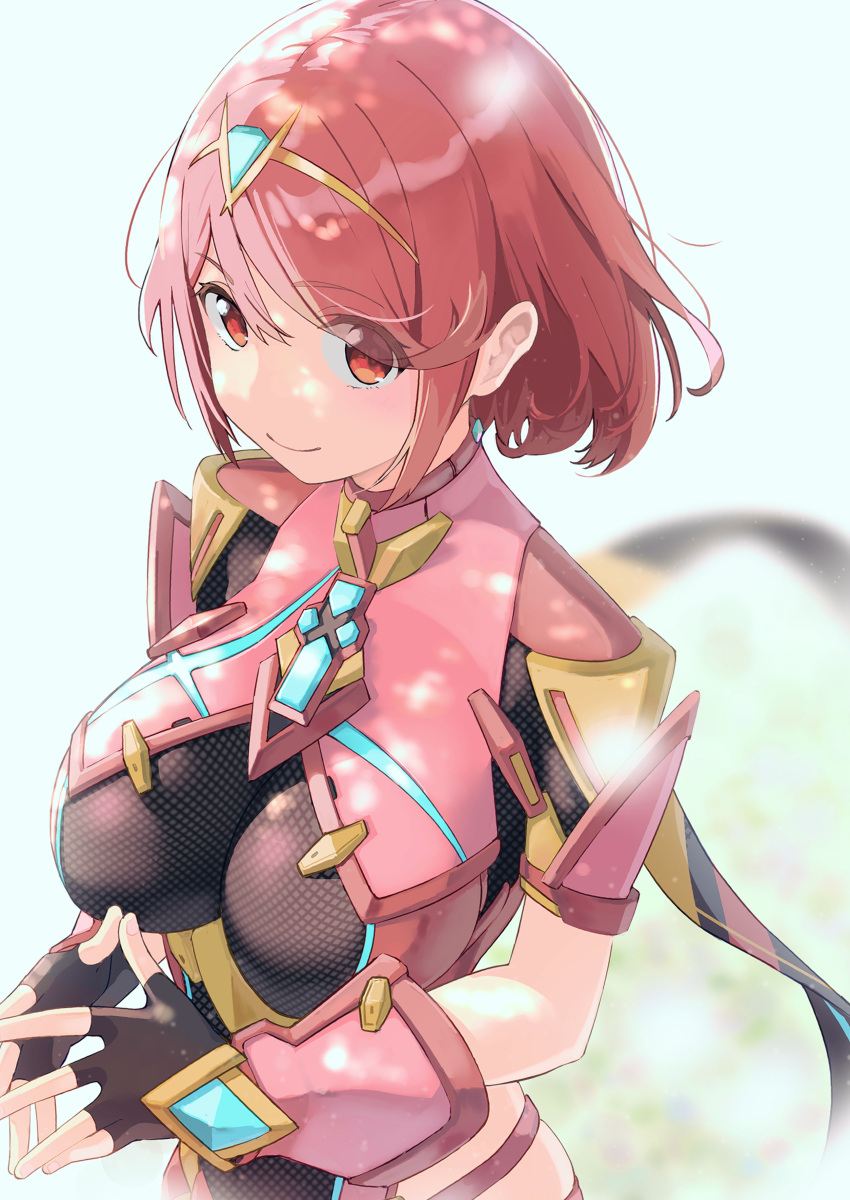 1girl absurdres black_gloves breasts chest_jewel eyebrows_visible_through_hair eyes_visible_through_hair fingerless_gloves gem gloves headpiece highres large_breasts looking_at_viewer mameroku pyra_(xenoblade) red_eyes redhead short_hair solo xenoblade_chronicles_(series) xenoblade_chronicles_2