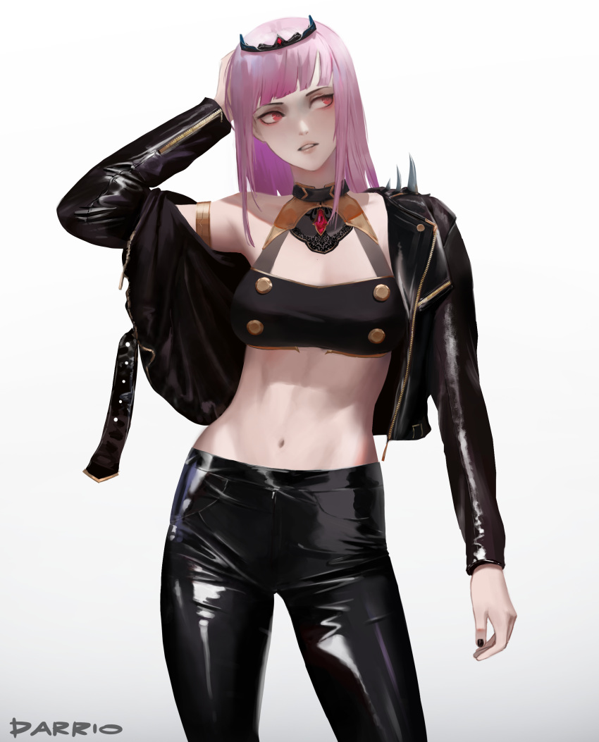 1girl absurdres artist_name bangs black_jacket black_nails black_pants blunt_bangs breasts cleavage_cutout clothing_cutout collar contrapposto darr1o gradient gradient_background halter_top halterneck highres hololive hololive_english jacket looking_to_the_side medium_breasts midriff mori_calliope navel pants parted_lips pink_eyes pink_hair shiny shiny_clothes signature solo tiara zipper