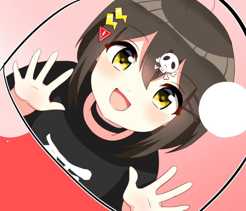 1girl :d black_choker black_shirt brown_eyes brown_hair capsule character_request choker gacha hair_between_eyes hair_ornament hairclip hands_against_glass highres in_container lightning_bolt lightning_bolt_hair_ornament open_mouth otoko0826 pink_background shirt short_hair skull_hair_ornament smile solo t-shirt upper_body