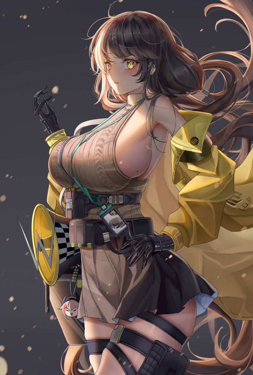 1girl absurdres arm_up bangs bare_shoulders belt black_gloves black_hair black_skirt breasts brown_sweater eyebrows_visible_through_hair facing_to_the_side girls_frontline gloves grey_background hand_on_hip heterochromia highres jacket keychain lanyard large_breasts light_particles long_hair looking_at_viewer megaphone mod3_(girls_frontline) mole mole_on_breast multicolored_hair name_tag off_shoulder open_mouth red_eyes ribbed_sweater ro635_(girls_frontline) sideboob simple_background skindentation skirt sleeveless_sweater solo streaked_hair sweater thigh_pouch thigh_strap thighs twintails utility_belt white_hair yellow_eyes yellow_jacket yf_(hbyg)