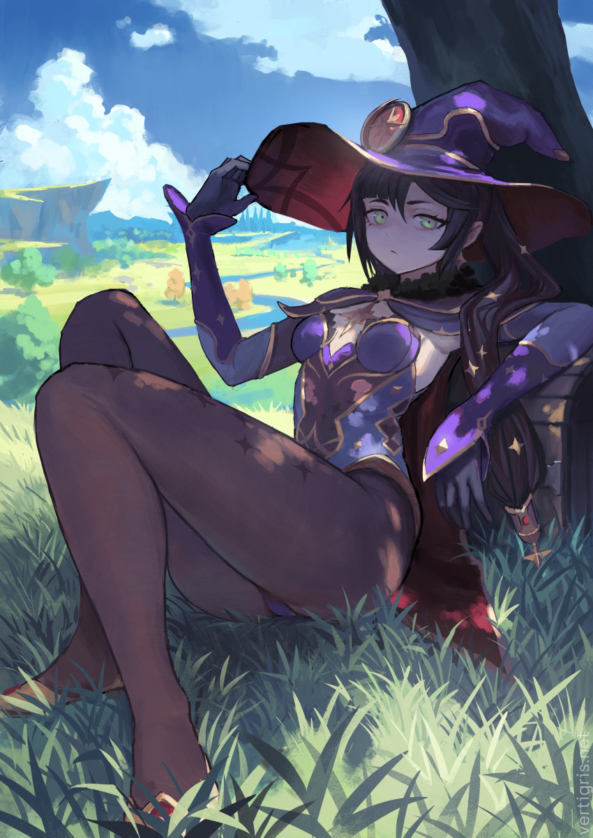 1girl absurdres armpits bangs black_hair blue_leotard blue_sky breasts cape clouds cloudy_sky detached_sleeves english_commentary genshin_impact gloves grass green_eyes hand_up hat hat_ornament highleg highleg_leotard highres leaning_back legs legs_together leotard looking_at_viewer mona_(genshin_impact) outdoors pantyhose purple_headwear shadow sidelocks sitting sky small_breasts solo star_(symbol) star_print thighs twintails vertigris watermark web_address witch_hat wizard_hat