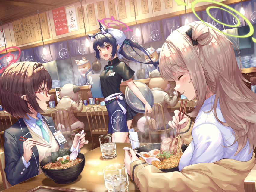 3girls animal_ears apron aqua_neckwear ayane_(blue_archive) bangs black_hair black_jacket black_shirt black_skirt blazer blonde_hair blue_archive bow bowl bowtie brown_hair cat_ears chair chopsticks closed_eyes collared_shirt crowd egg food glass glasses halo head_scarf highres hirokazu_(analysis-depth) holding holding_chopsticks holding_tray jacket looking_at_another menu_board multiple_girls name_tag nonomi_(blue_archive) noodles off_shoulder open_mouth pleated_skirt red_eyes restaurant serika_(blue_archive) shirt short_hair sitting skirt spoon standing table tray twintails vest waist_apron white_headwear white_shirt yellow_jacket yellow_vest