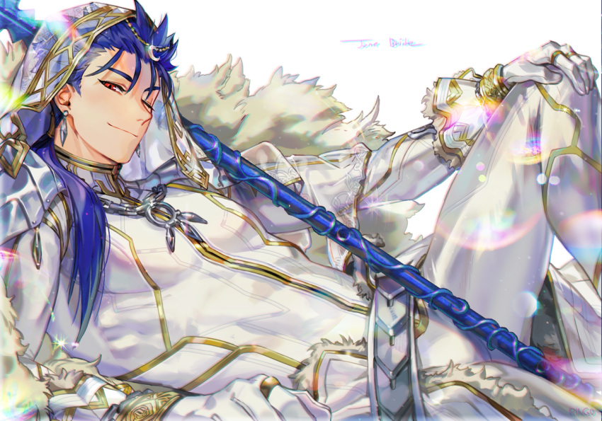 1boy alternate_color armor belt blue_hair bodysuit closed_mouth cosplay crescent cu_chulainn_(fate)_(all) earrings english_text fate/grand_order fate/stay_night fate_(series) g0ringo gae_bolg_(fate) gloves hand_on_own_knee jewelry lancer long_hair looking_at_viewer male_focus nero_claudius_(bride)_(fate) nero_claudius_(bride)_(fate)_(cosplay) nero_claudius_(fate)_(all) one_eye_closed reclining red_eyes shoulder_armor simple_background smile solo white_background white_bodysuit white_gloves white_theme