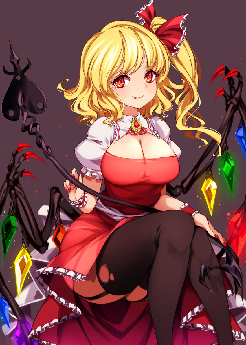 1girl absurdres alternate_breast_size ascot blonde_hair bow breasts crystal fang flandre_scarlet frilled_shirt_collar frilled_sleeves frills hat hat_ribbon highres laevatein large_breasts medium_hair one_side_up puffy_short_sleeves puffy_sleeves raptor7 red_bow red_eyes red_ribbon red_skirt red_vest ribbon shirt short_hair short_sleeves skirt solo touhou vest white_shirt wings yellow_neckwear