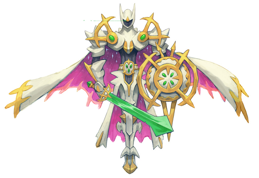 arceus armor cape full_armor full_body garrett_hanna gen_4_pokemon glowing glowing_eye highres holding holding_shield holding_sword holding_weapon legs_together monster_hunter_(series) mythical_pokemon pokemon shield simple_background standing sword weapon white_background