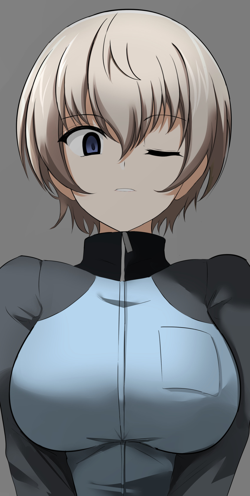 1girl absurdres aikir_(jml5160) blue_eyes breasts empty_eyes girls_und_panzer grey_hair highres jersey looking_at_viewer looking_down one_eye_closed short_hair youko_(girls_und_panzer)