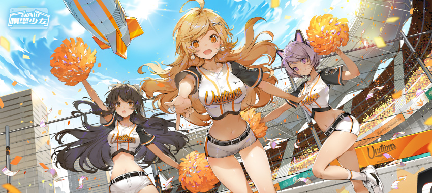 1girl 3girls :d absurdres aircraft akizero1510 animal_ears arm_up bangs baseball_bat_hair_ornament baseball_earrings belt belt_buckle black_hair blonde_hair blue_sky breasts brown_eyes buckle buttons cheerleader clothes_writing collarbone commentary confetti crop_top day dirigible earrings english_commentary fake_animal_ears fence figure_story hair_ornament highres huge_filesize jewelry kneehighs leg_up long_hair medium_breasts midriff multiple_girls navel official_art open_mouth orange_eyes outdoors pointing pointing_at_viewer pom_poms purple_hair shoes short_hair short_sleeves shorts sky smile sneakers standing standing_on_one_leg stomach swept_bangs very_long_hair violet_eyes white_footwear white_legwear white_shorts