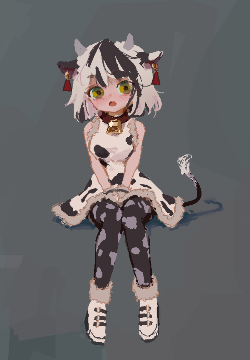 1girl animal_ears animal_print bell cow cow_ears cow_girl cow_horns cow_print cow_tail cowbell dress green_eyes highres horns knees_together_feet_apart light_blush looking_at_viewer multicolored_hair open_mouth original pantyhose reddizen sitting sleeveless tail two-tone_hair white_footwear wrist_cuffs