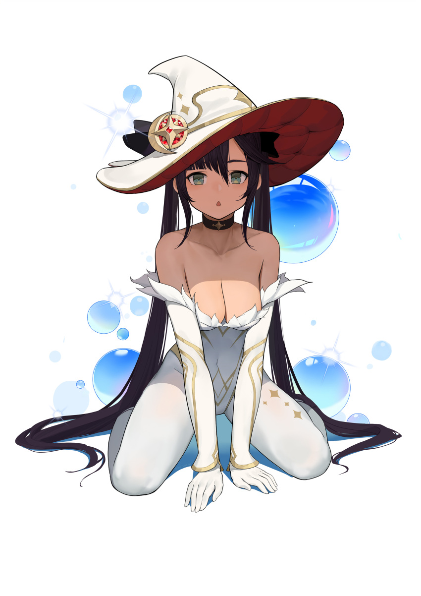 1girl absurdres alternate_costume bangs bare_shoulders black_hair breasts bubble choker collarbone dress genshin_impact hair_between_eyes hat highres leotard long_hair looking_at_viewer mona_(genshin_impact) open_mouth pantyhose sitting solo white_legwear witch_hat wu_yue_[vulpes]