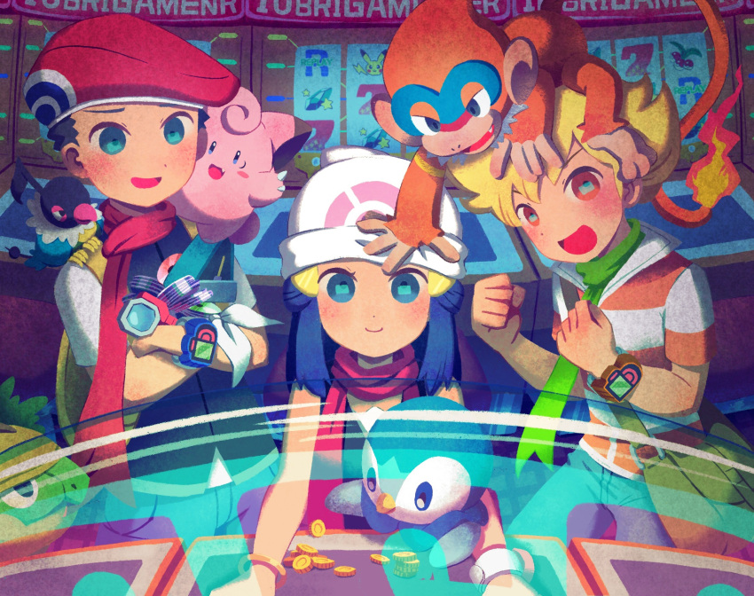 1girl 2boys :d backpack bag bangs barry_(pokemon) beanie berry_(pokemon) black_hair black_vest blonde_hair blue_eyes blue_hair blush blush_stickers bracelet casino cd chair chatot clefairy clenched_hands closed_mouth coin collared_shirt commentary_request crossed_arms hikari_(pokemon) fang fiery_tail gen_1_pokemon gen_4_pokemon green_eyes green_scarf grotle hair_ornament hands_up happy hat highres indoors iroidori4422 jewelry leaning_forward long_hair looking_at_another looking_at_viewer looking_down lucas_(pokemon) monferno multiple_boys number on_chair on_head on_shoulder open_mouth orange_eyes outstretched_arms pants pikachu pink_scarf piplup poke_ball_print pokemon pokemon_(creature) pokemon_(game) pokemon_dppt pokemon_on_head pokemon_on_shoulder poketch red_headwear red_scarf scarf shirt short_hair short_sleeves sitting sleeveless slot_machine smile standing star_(symbol) striped striped_shirt tail vest watch watch white_headwear white_shirt