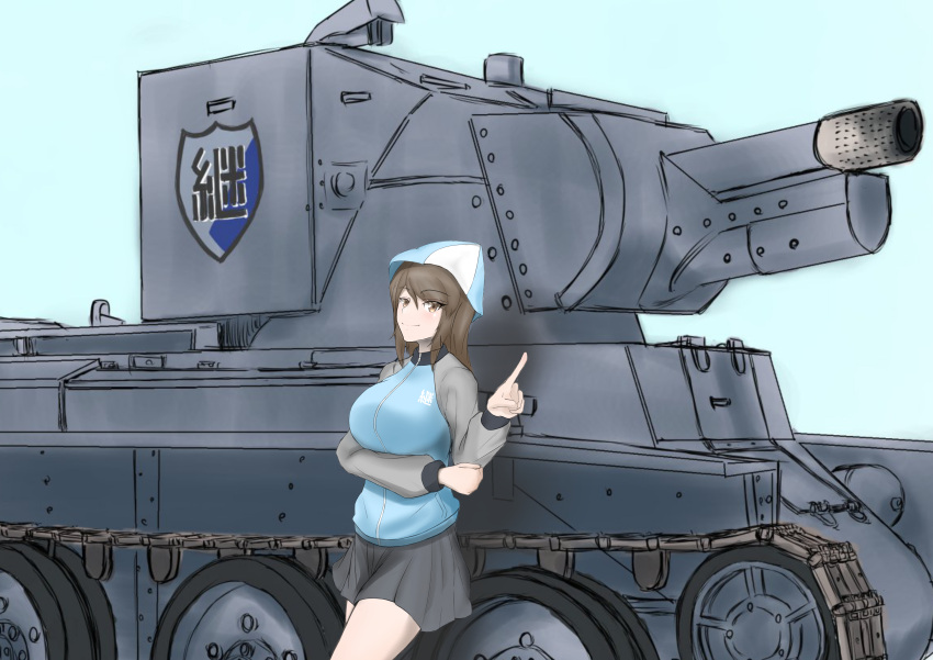 1girl absurdres against_vehicle aqua_background bangs blue_headwear blue_jacket blue_skirt breast_hold breasts brown_eyes brown_hair bt-42 closed_mouth commentary_request emblem eyebrows_visible_through_hair finnish_commentary girls_und_panzer ground_vehicle hand_on_own_elbow hat highres index_finger_raised jacket keizoku_(emblem) keizoku_military_uniform leaning_back long_hair long_sleeves looking_at_viewer mika_(girls_und_panzer) military military_uniform military_vehicle miniskirt motor_vehicle partial_commentary pleated_skirt raglan_sleeves shibainutank skirt smile solo standing tank track_jacket tulip_hat uniform