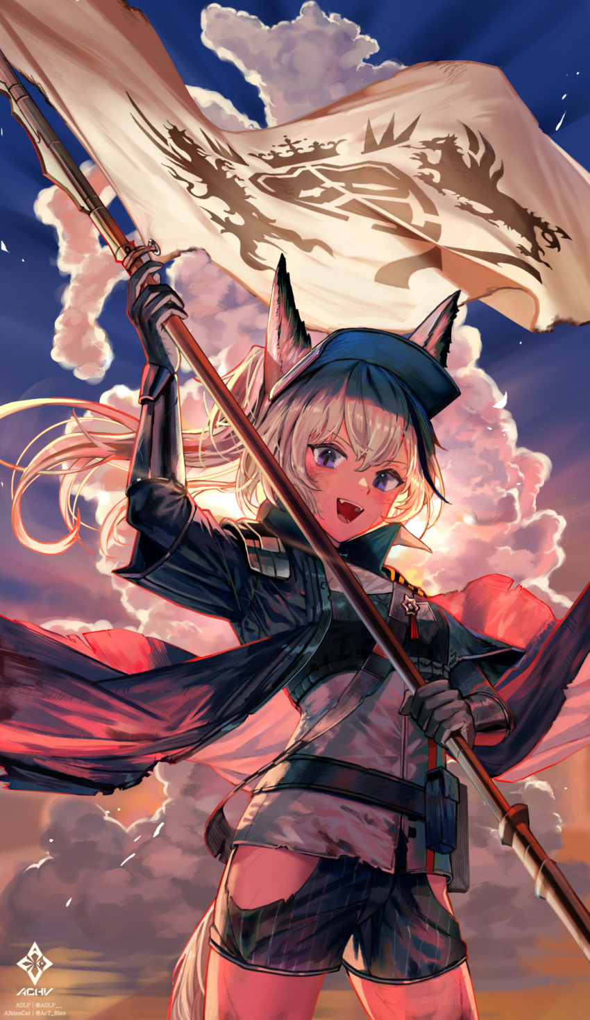 1girl :d a0lp animal_ears arknights arm_guards arm_up artist_name bangs belt_pouch black_jacket black_shorts breasts clothing_cutout clouds commentary english_commentary flag grani_(arknights) grey_hair grey_shirt highres holding holding_flag horse_ears horse_girl horse_tail jacket long_hair looking_at_viewer open_clothes open_jacket open_mouth ponytail pouch shirt short_shorts shorts sky small_breasts smile solo standing tail teeth thigh_cutout violet_eyes visor_cap