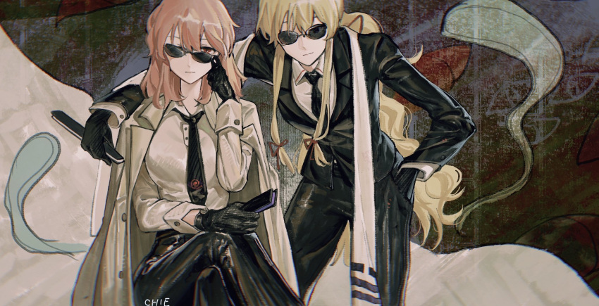 2girls alternate_costume black_gloves black_pants black_suit blonde_hair buttons coat fan folding_fan formal gap_(touhou) ghost gloves hair_ribbon hand_in_pocket highres holding holding_eyewear holding_fan jacket jacket_on_shoulders leaning_forward light_smile long_hair looking_at_viewer medium_hair multiple_girls necktie one_eye_closed pants pink_hair removing_eyewear ribbon saigyouji_yuyuko scarf sitting standing suit sunglasses touhou very_long_hair white_coat yakumo_yukari you33ou