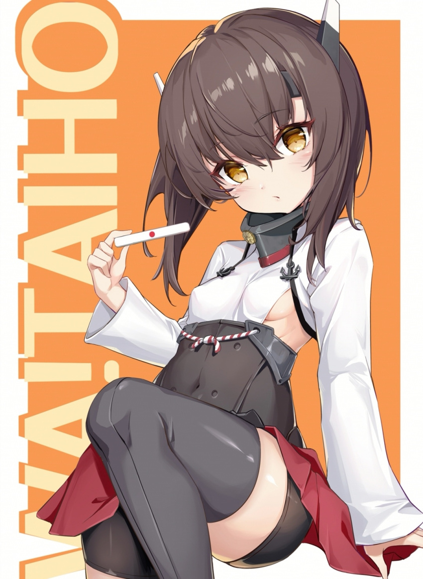 1girl bangs bike_shorts black_shorts breasts brown_background brown_eyes brown_hair cannian_dada closed_mouth commentary_request eyebrows_visible_through_hair feet_out_of_frame hair_between_eyes head_tilt headgear highres holding kantai_collection long_sleeves looking_at_viewer pleated_skirt red_skirt riichi_stick shirt short_shorts shorts shorts_under_skirt sideboob skirt sleeves_past_wrists solo standing standing_on_one_leg taihou_(kancolle) two-tone_background white_background white_shirt wide_sleeves