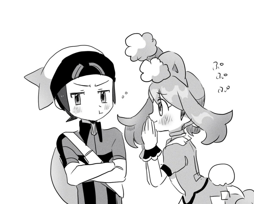 1boy 1girl animal_ears backpack bag blush brendan_(pokemon) bunny_tail crossed_arms easter fake_animal_ears hands_together hat hinann_bot may_(pokemon) monochrome pokemon pokemon_(game) pokemon_masters_ex pokemon_oras pout rabbit_ears tail wrist_cuffs