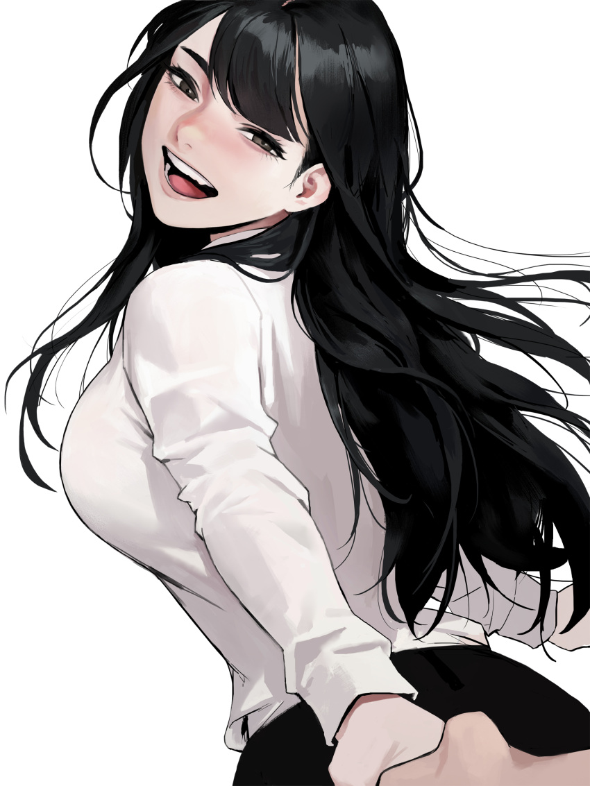 1girl 1other :d absurdres bangs black_eyes black_hair black_legwear blush breasts dongho_kang fang from_side half-closed_eyes highres holding_hand large_breasts long_hair long_sleeves looking_at_viewer looking_back open_mouth original pants shiny shiny_hair shirt simple_background skirt smile solo_focus teeth tongue wavy_hair white_background white_shirt
